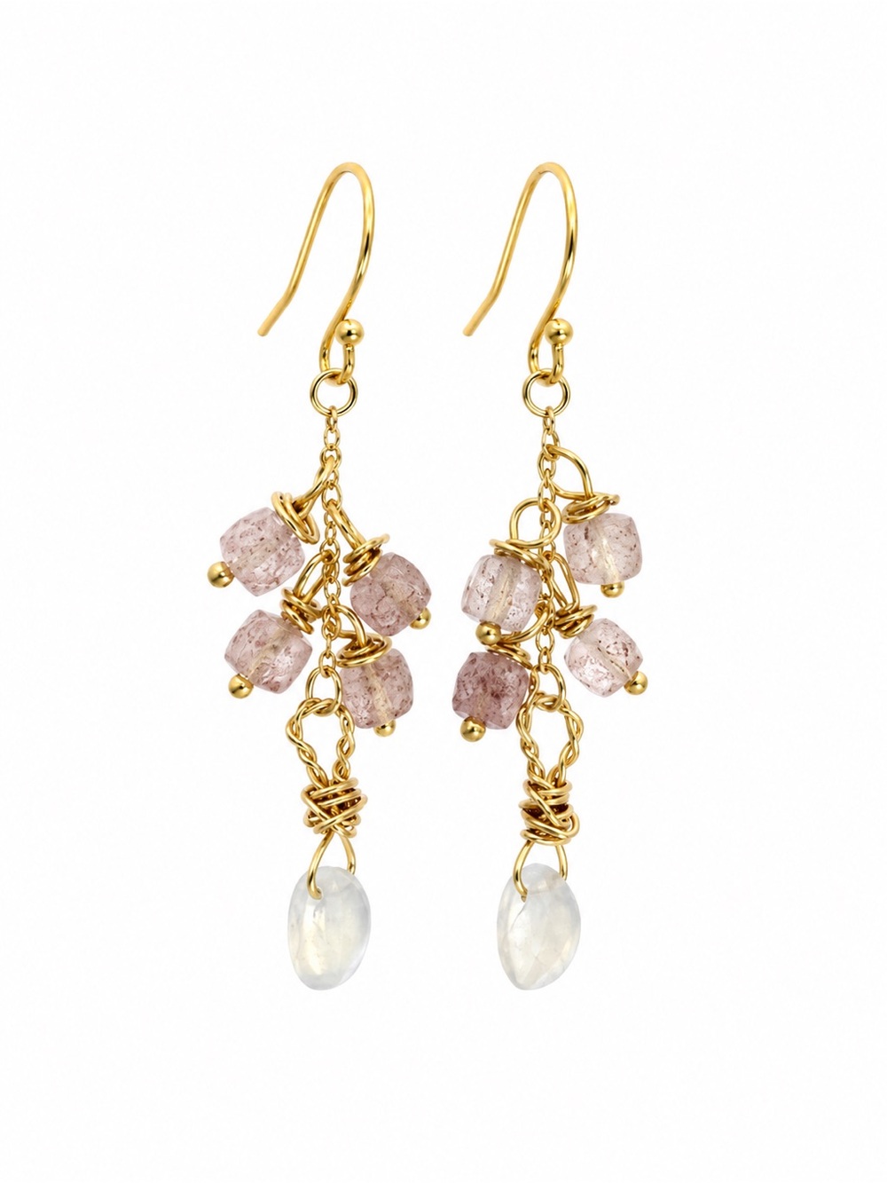 HK5007 Moonstone and Strawberry Quartz Gold Earrings